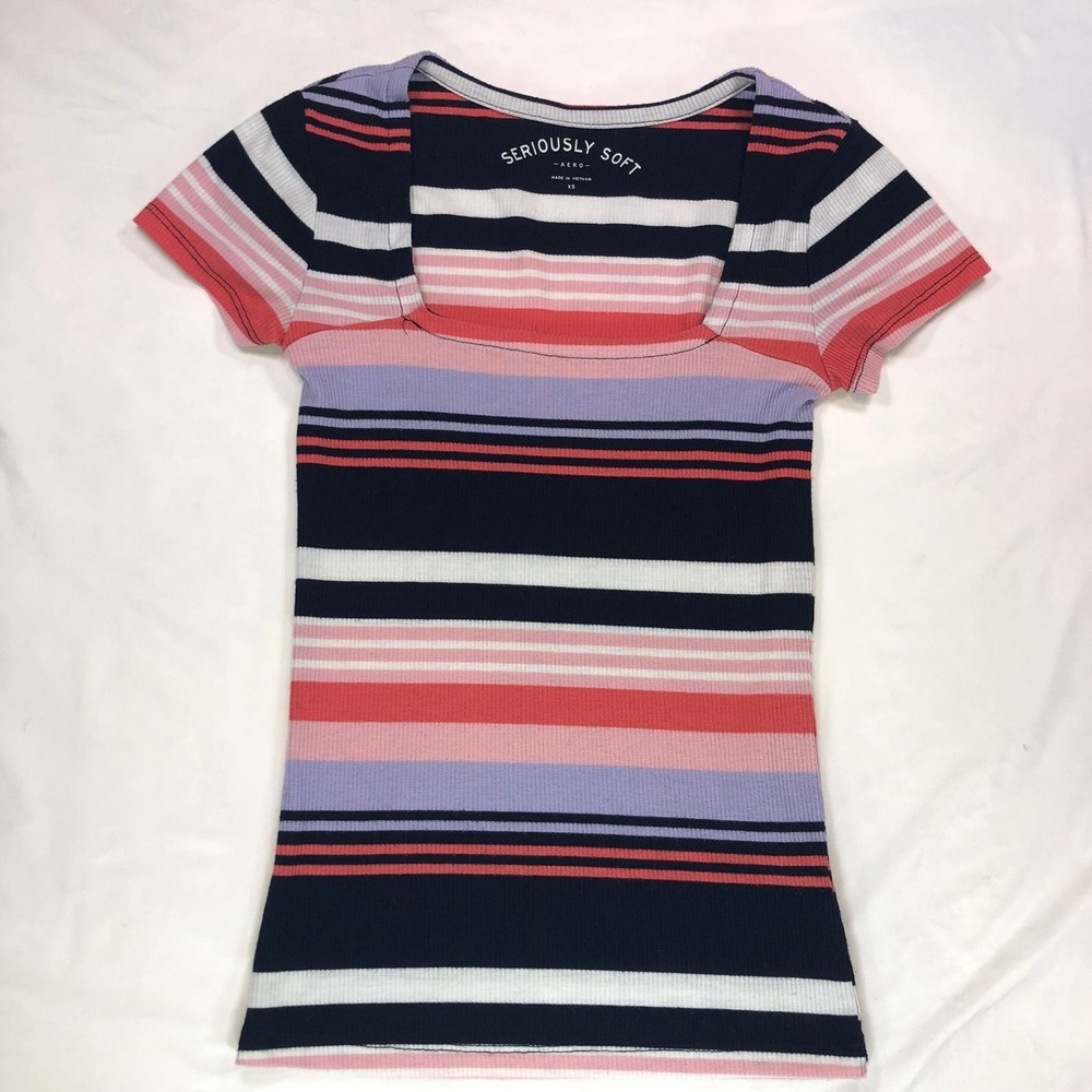Aeropostale Seriously Soft Ribbed Striped Square Neck Short Sleeve Top XS
